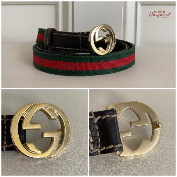 Authentic Gucci Web Canvas Brown Leather GoId Interlocking G Buckle Belt 85/34 - Picture 2 of 13